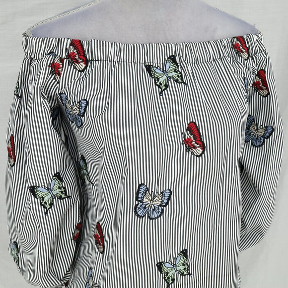 Zara Top Womens XS White Gray Stripe Blouse Embroidered Butterflies Whimsy Boho - Picture 8 of 16
